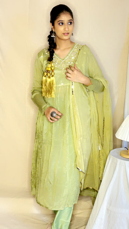Light Green Chinnon V-Neck Kurta Set with Pants & Dupatta – Elegant Full Sleeves Ethnic Wear by APSSARA