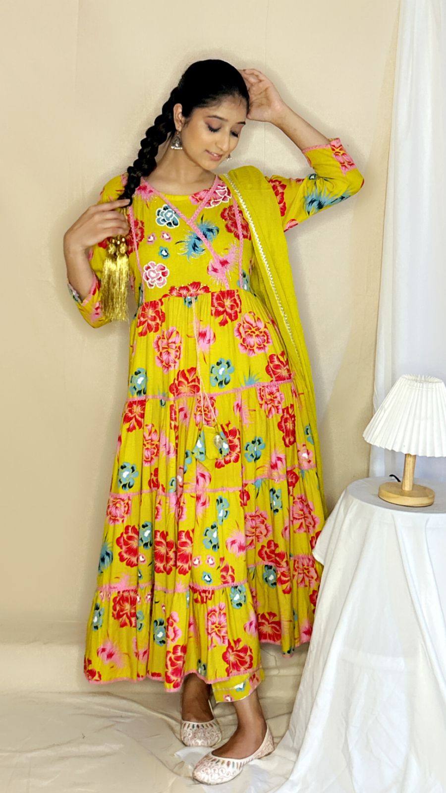 Yellow Floral Anarkali Kurta Set with Pant & Dupatta – Vibrant 3-Piece Ethnic Wear for Women by APSSARA