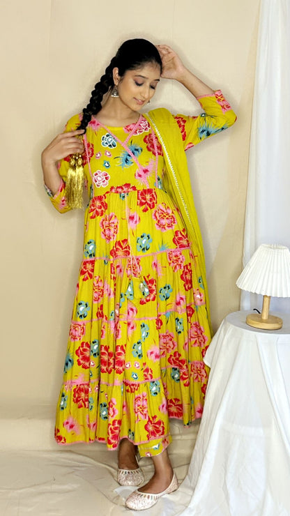 Yellow Floral Anarkali Kurta Set with Pant & Dupatta – Vibrant 3-Piece Ethnic Wear for Women by APSSARA