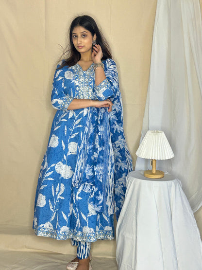 Blue Floral Anarkali Kurta Set with Pant & Dupatta – Elegant 3-Piece Ethnic Wear for Women by APSSARA