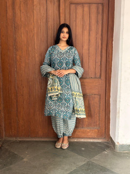 Cotton Printed Kurta Set with Afghani Pants & Dupatta – Comfortable 3-Piece Ethnic Wear for Women | APSSARA
