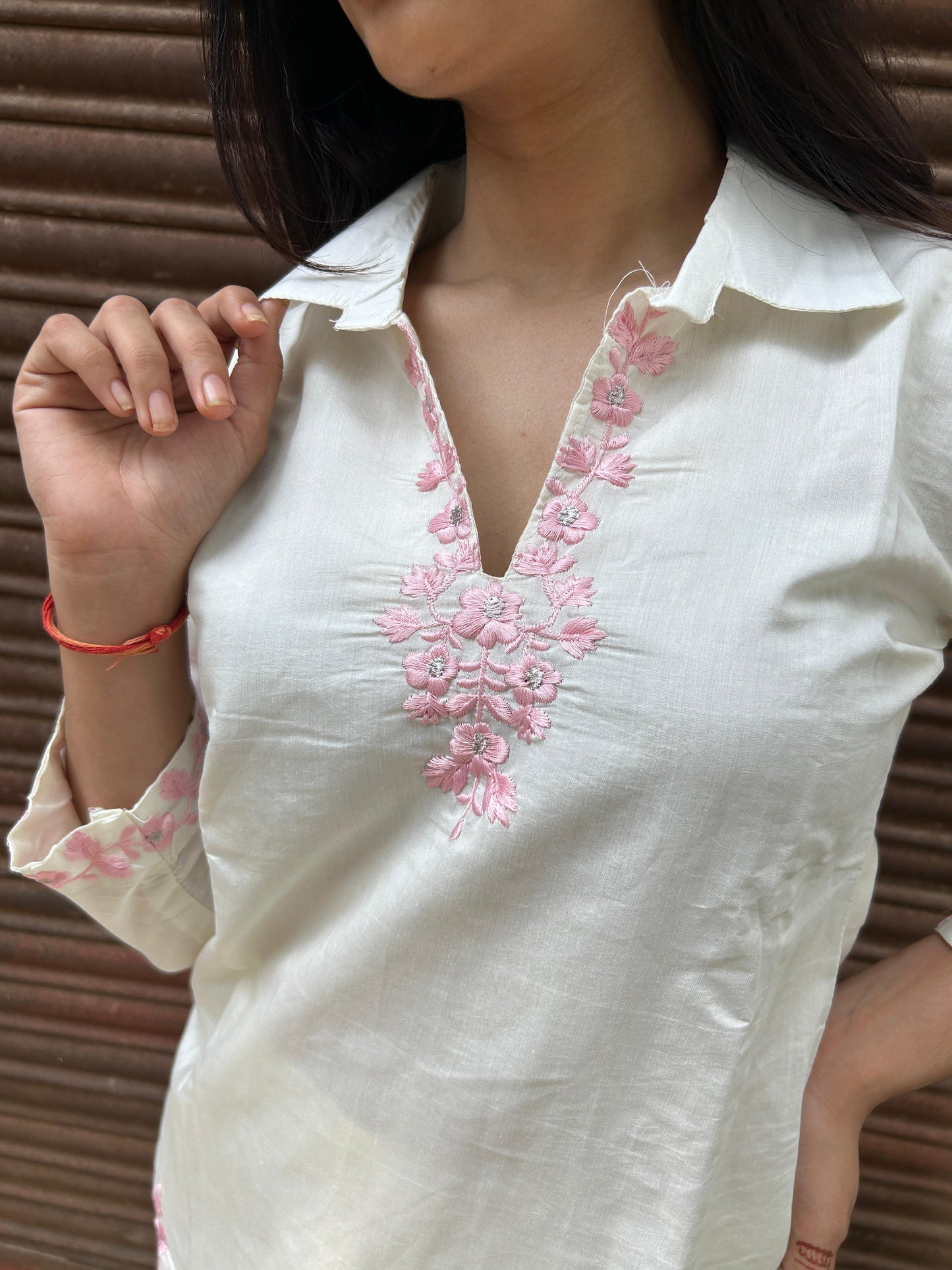 White Cotton Co-ord Set with Pink Thread Embroidery & Shirt Collar