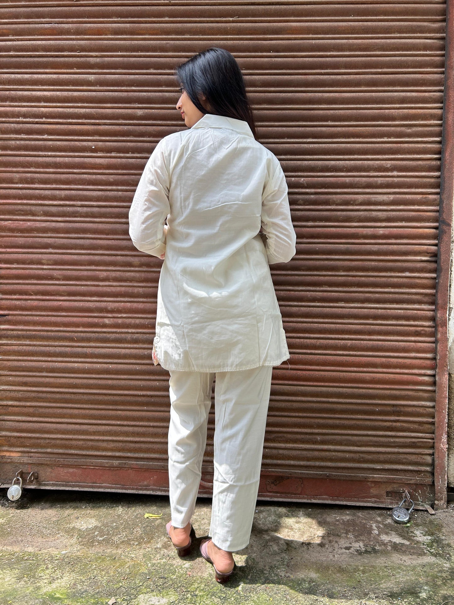 White Cotton Co-ord Set with Pink Thread Embroidery & Shirt Collar