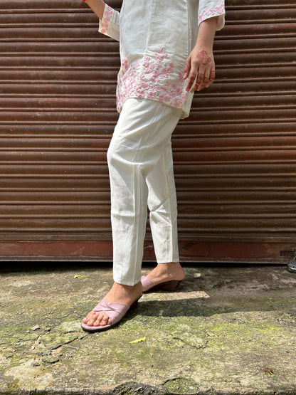 White Cotton Co-ord Set with Pink Thread Embroidery & Shirt Collar