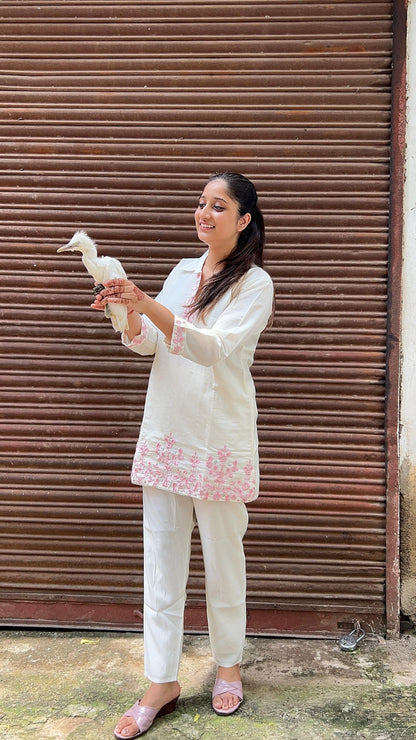 White Cotton Co-ord Set with Pink Thread Embroidery & Shirt Collar