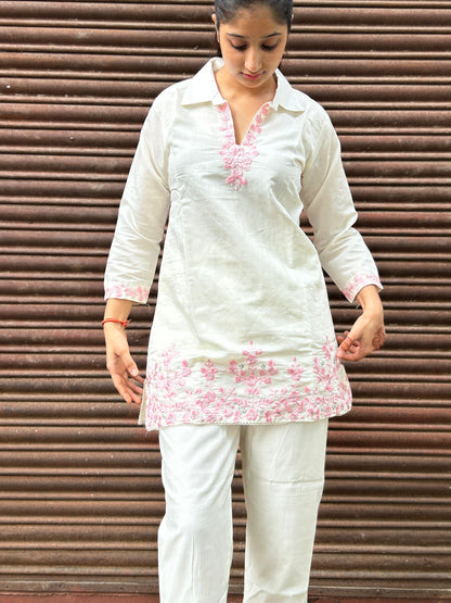 White Cotton Co-ord Set with Pink Thread Embroidery & Shirt Collar