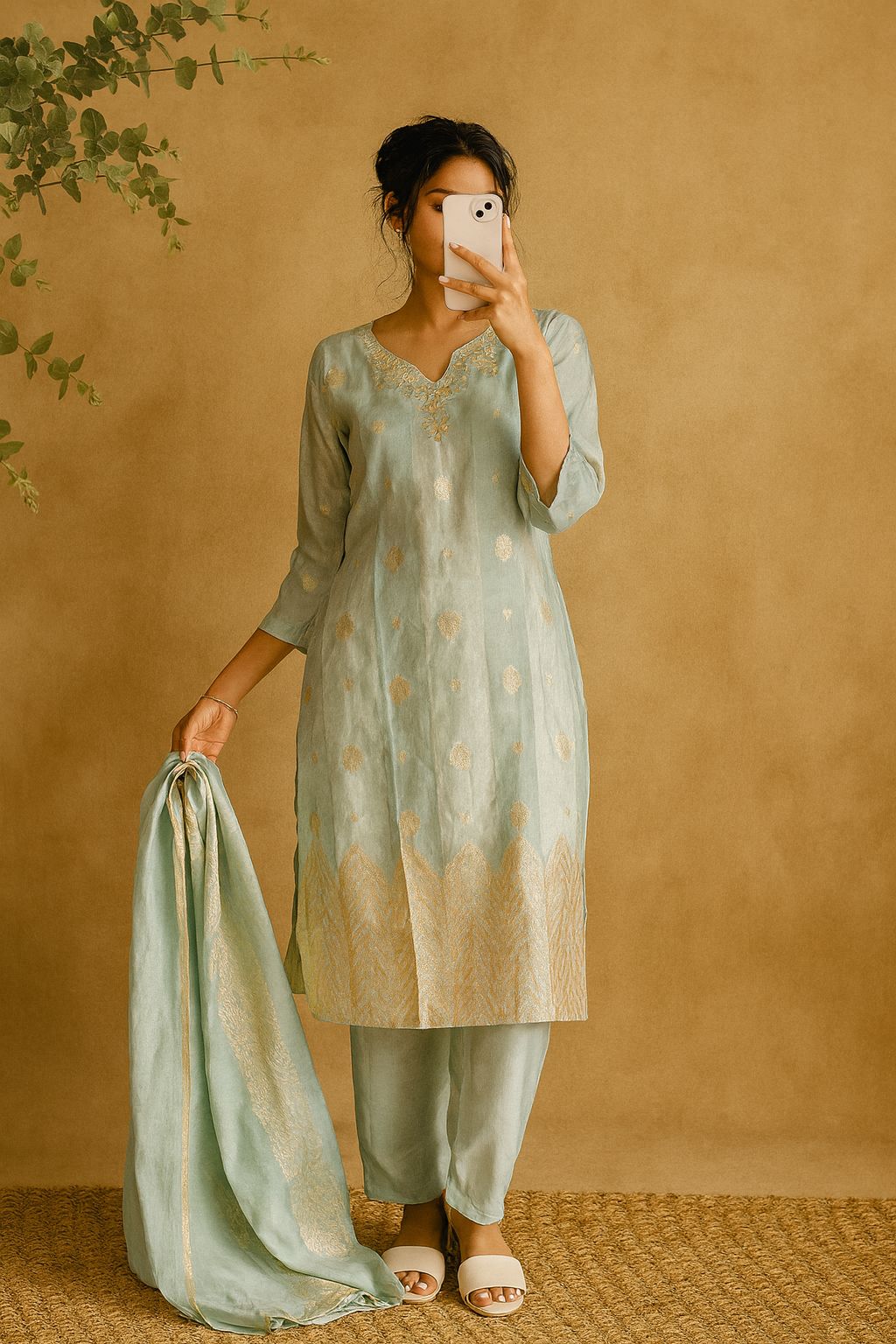 Pure Banarasi Silk Pastel Blue Kurta Set – 3 Piece Party Wear Suit with Dupatta