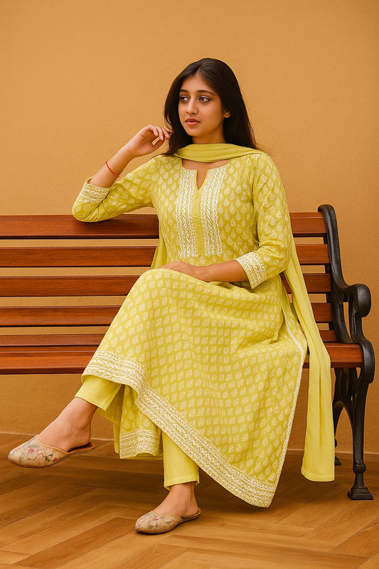 Cotton Anarkali 3 Piece Suit – Elegant Yellow Printed Kurta with Dupatta & Pants