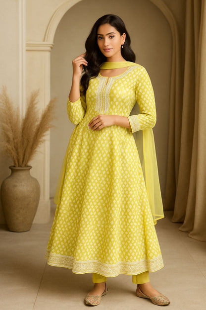 Cotton Anarkali 3 Piece Suit – Elegant Yellow Printed Kurta with Dupatta & Pants
