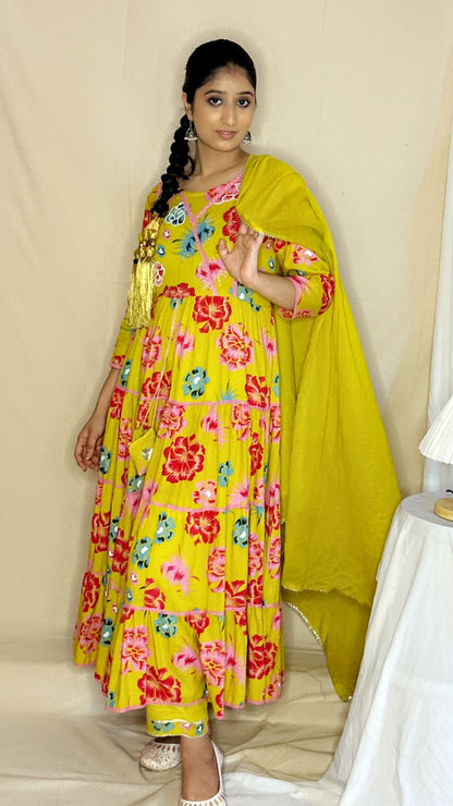 Yellow Floral Anarkali Kurta Set with Pant & Dupatta – Vibrant 3-Piece Ethnic Wear for Women by APSSARA