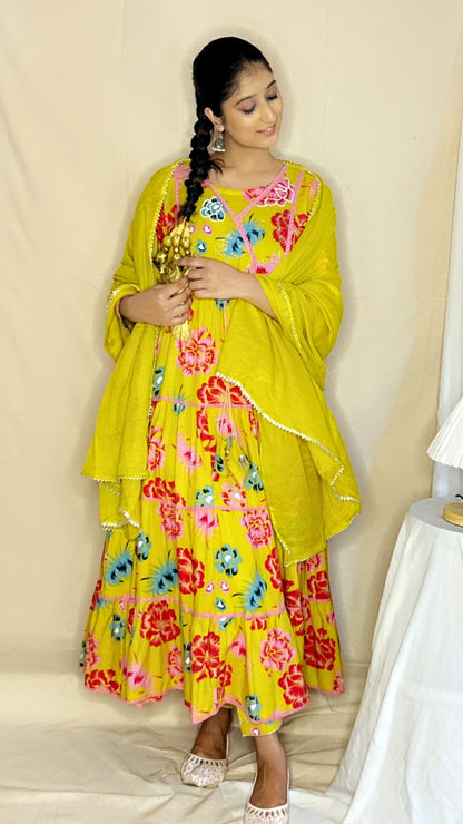 Yellow Floral Anarkali Kurta Set with Pant & Dupatta – Vibrant 3-Piece Ethnic Wear for Women by APSSARA
