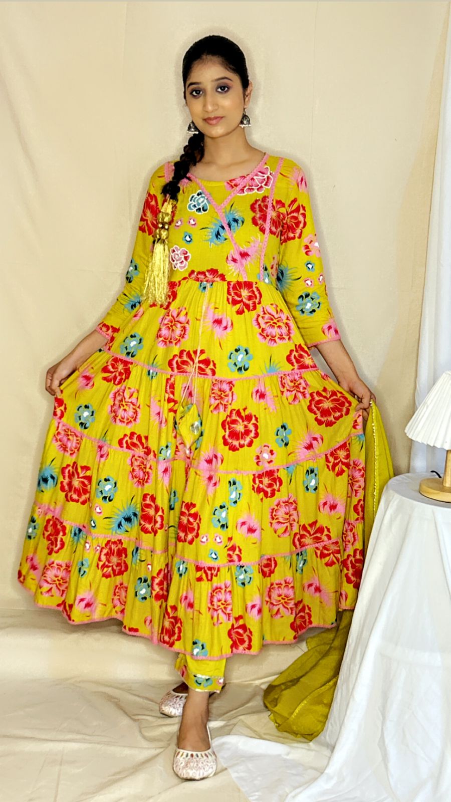 Yellow Floral Anarkali Kurta Set with Pant & Dupatta – Vibrant 3-Piece Ethnic Wear for Women by APSSARA