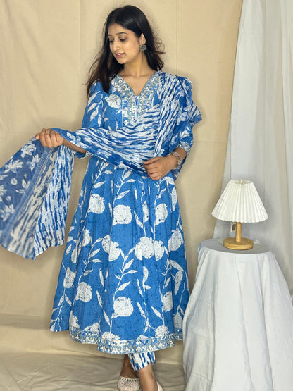 Blue Floral Anarkali Kurta Set with Pant & Dupatta – Elegant 3-Piece Ethnic Wear for Women by APSSARA
