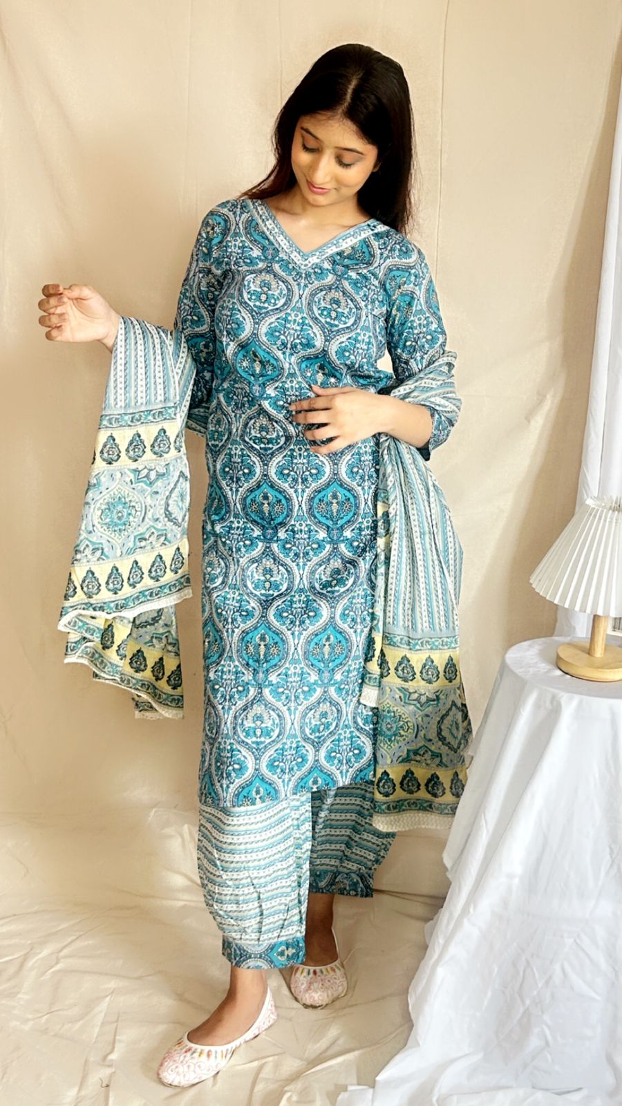 Cotton Printed Kurta Set with Afghani Pants & Dupatta – Comfortable 3-Piece Ethnic Wear for Women | APSSARA