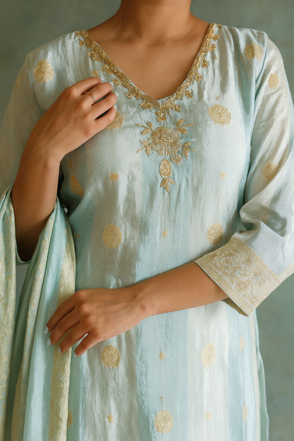 Pure Banarasi Silk Pastel Blue Kurta Set – 3 Piece Party Wear Suit with Dupatta