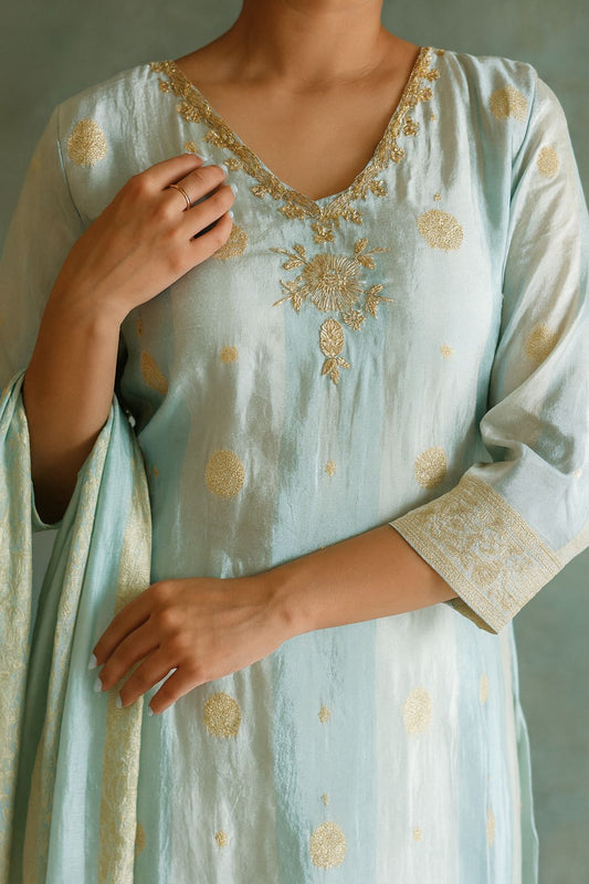 Pure Banarasi Silk Pastel Blue Kurta Set – 3 Piece Party Wear Suit with Dupatta