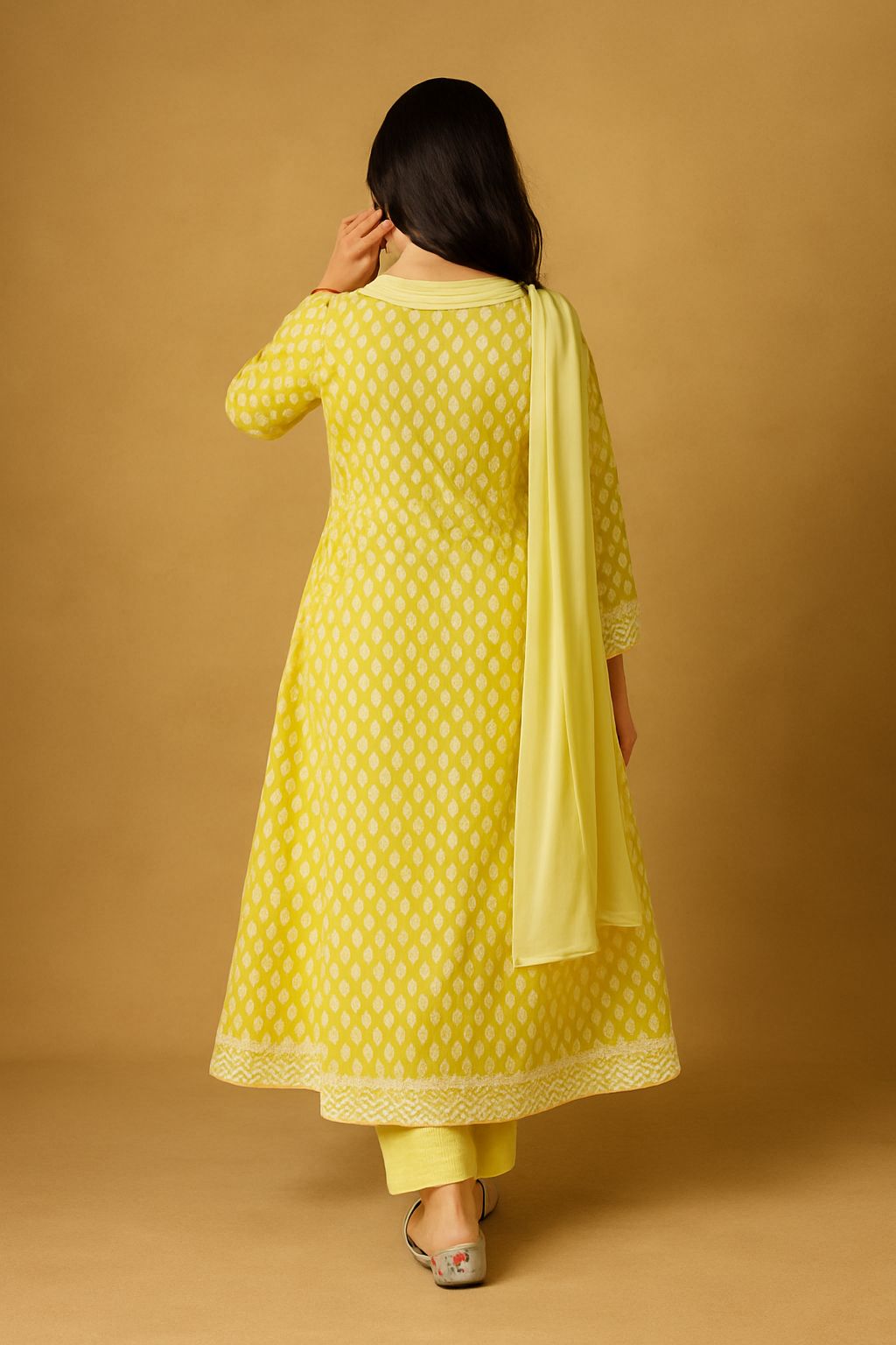 Cotton Anarkali 3 Piece Suit – Elegant Yellow Printed Kurta with Dupatta & Pants