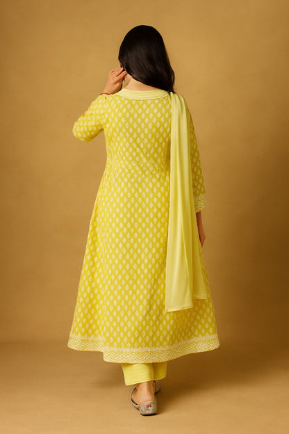 Cotton Anarkali 3 Piece Suit – Elegant Yellow Printed Kurta with Dupatta & Pants