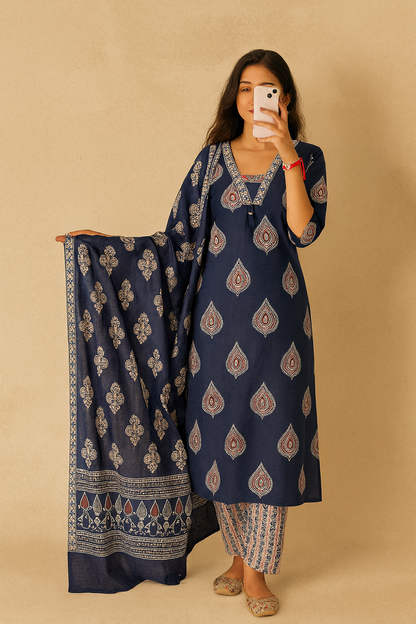 Block Printed Cotton 3 Piece Suit | Ethnic Wear for Women