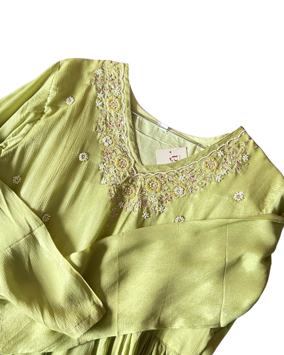 Light Green Chinnon V-Neck Kurta Set with Pants & Dupatta – Elegant Full Sleeves Ethnic Wear by APSSARA