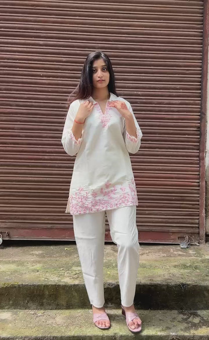 White Cotton Co-ord Set with Pink Thread Embroidery & Shirt Collar