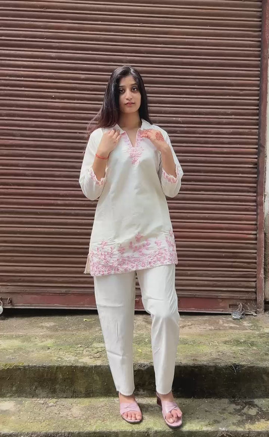 White Cotton Co-ord Set with Pink Thread Embroidery & Shirt Collar